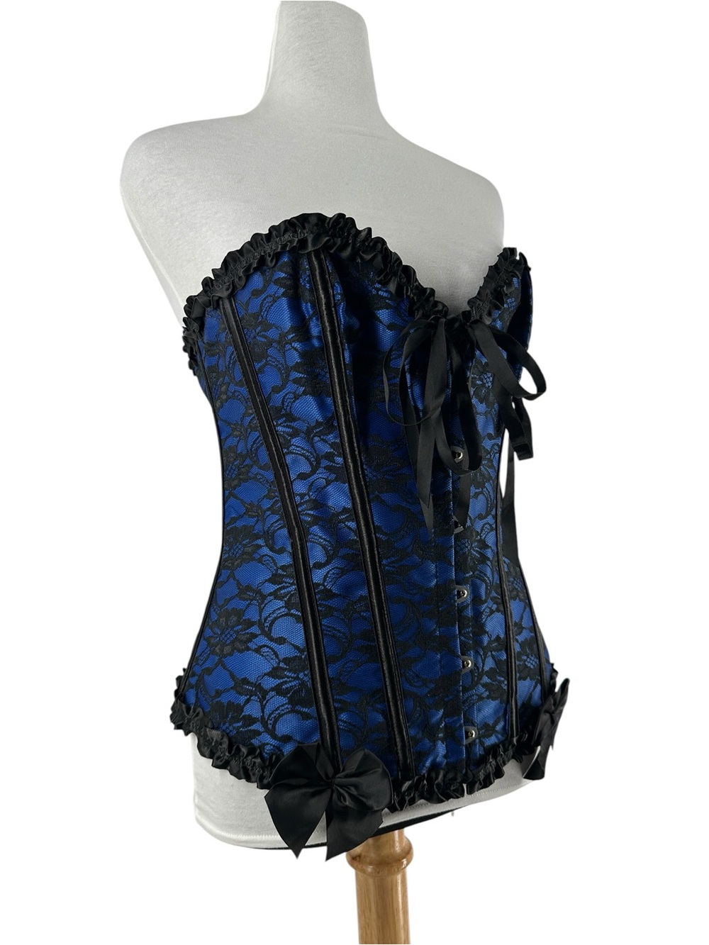 Corset top blue black lace overlay cinched waist trainer boning witchy goth M - Picture 7 of 9